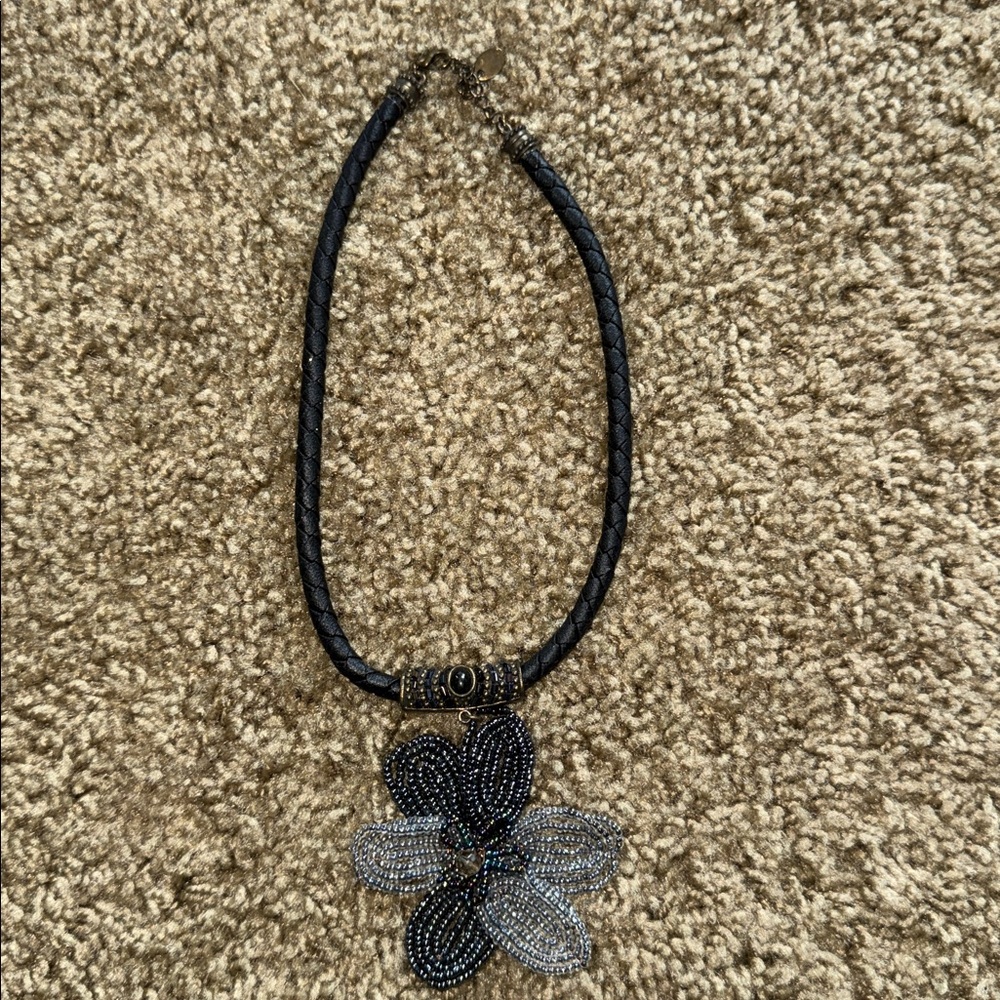 Chic Black and Silver Beaded Floral Necklace
